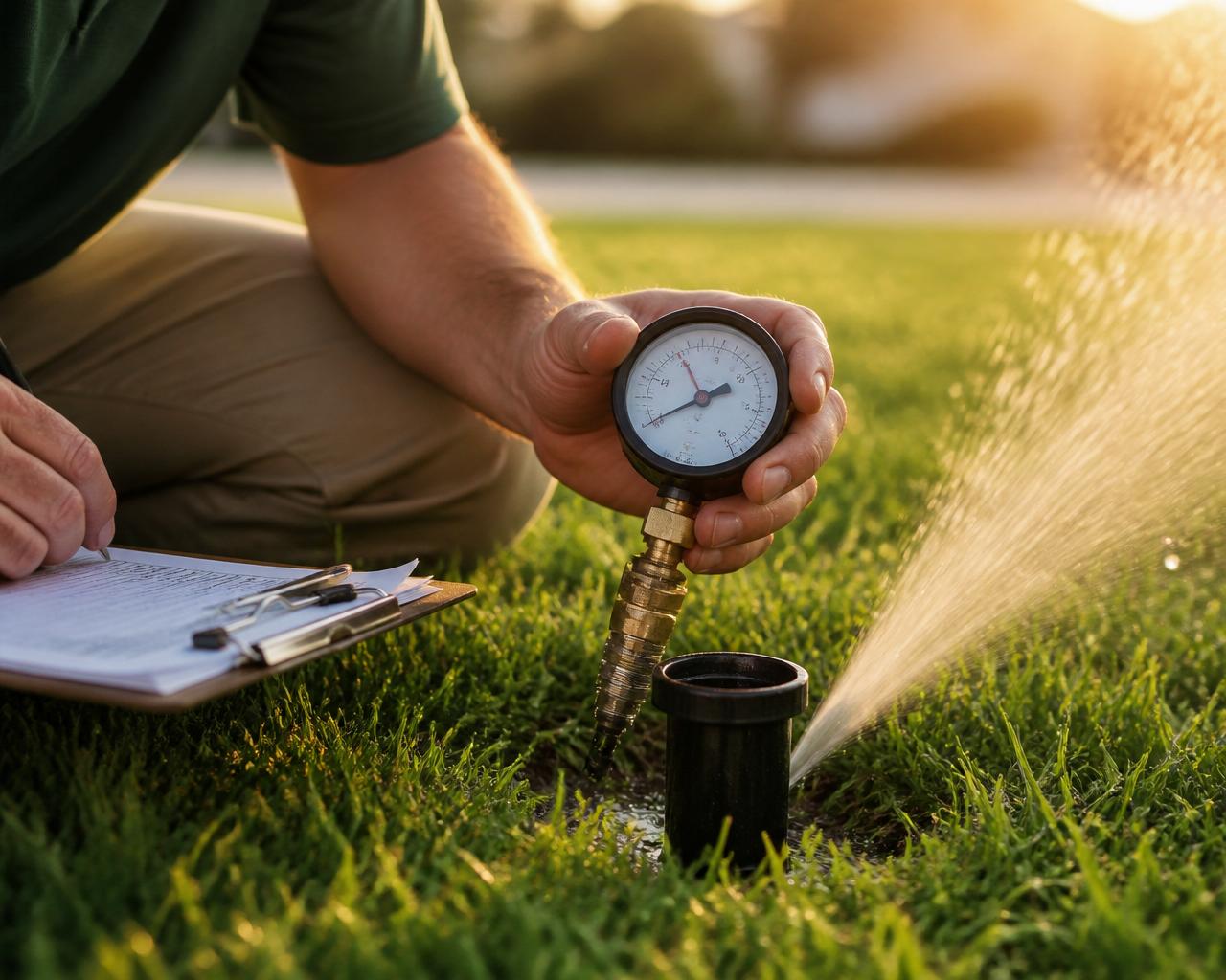 Technician holding a pressure gauge attached to a sprinkler head on a green lawn at golden hour
