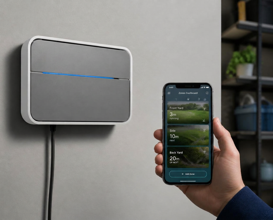 Modern smart irrigation controller mounted on a wall with a phone app showing sprinkler zones