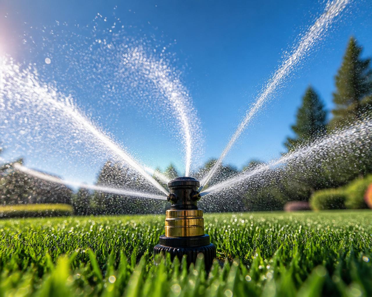 Modern rotary sprinkler nozzle spraying precise arcs of water across a lawn against blue sky